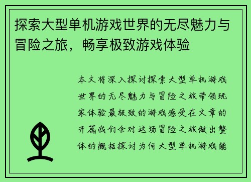 探索大型单机游戏世界的无尽魅力与冒险之旅，畅享极致游戏体验